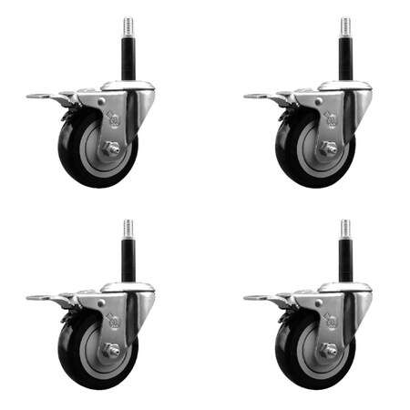 Service Caster 3.5'' SS Black Poly Swivel 3/4'' Expanding Stem Caster Set Total Lock Brake, 4PK SCC-SSEXTTL20S3514-PPUB-BLK-34-4